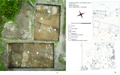 Fig. 3. a. Suprafeţele SP A / 2023 şi SP IV / 2023 (2019), aspect din timpul cercetării arheologice; b. suprafeţele SP A / 2023 şi SP IV / 2023 (2019), plan.
